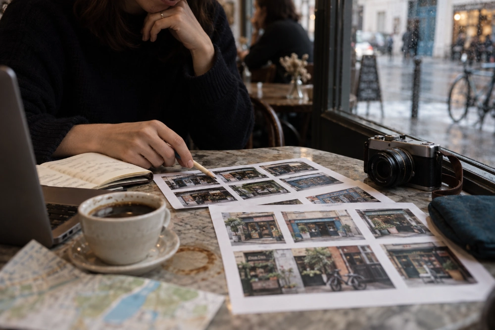 Rédactrice sélectionnant des photos de commerces dans un café