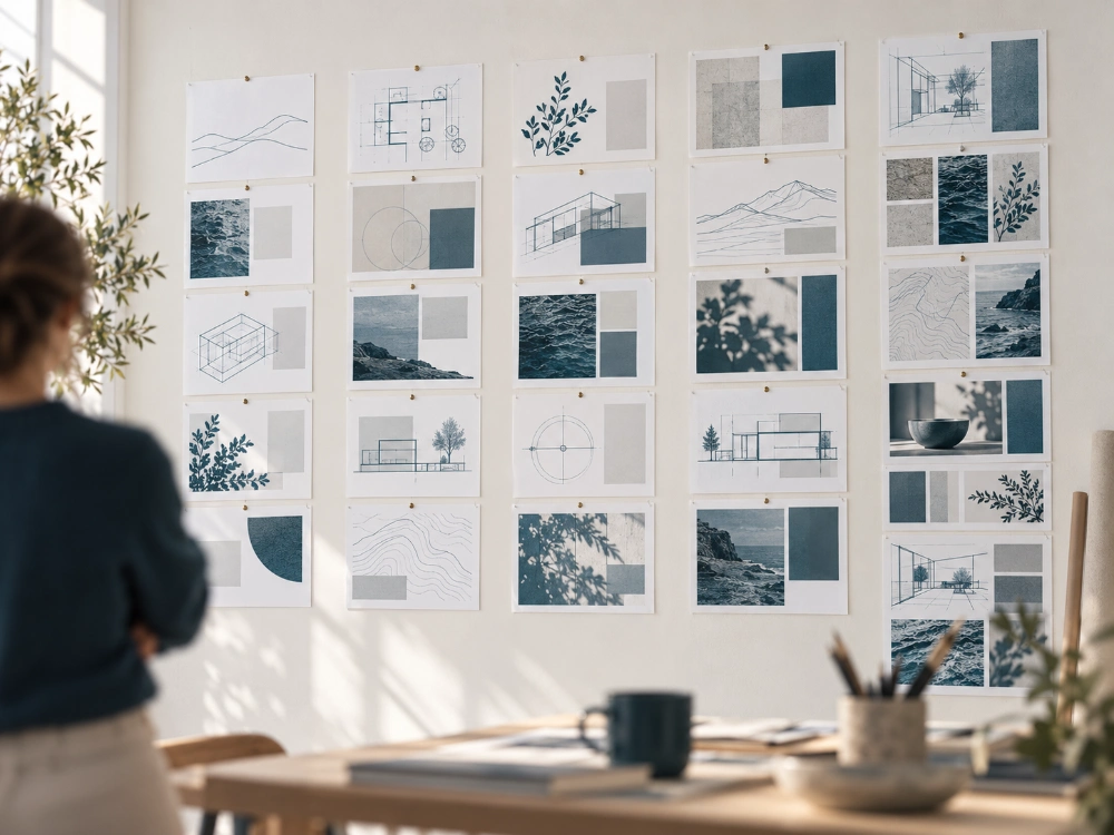 Un mur d’atelier couvert de notes et de planches de travail épinglées