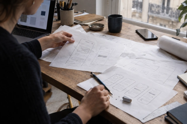 Maquettes de site imprimées et annotées à la main sur une table de studio