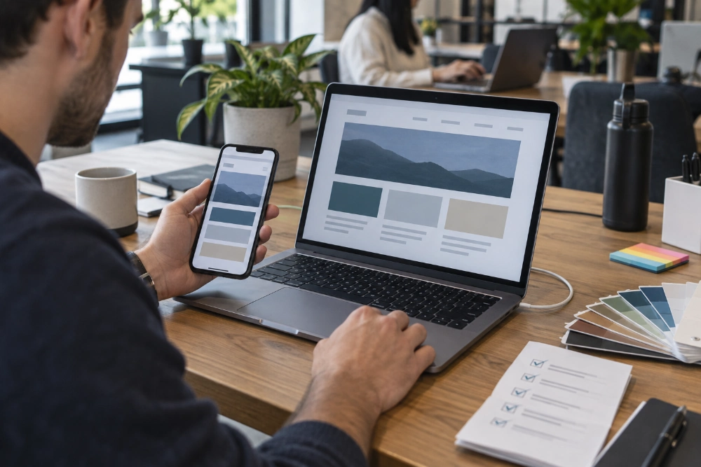 Professionnel comparant l’affichage mobile et ordinateur d’un site