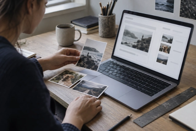 Éditrice comparant des photographies imprimées à leur affichage sur ordinateur