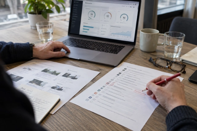 Audit de site relu sur ordinateur et annoté au crayon rouge