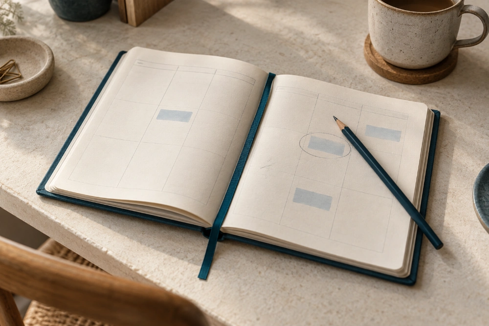 Open paper planner with one time slot circled in petrol-blue pencil
