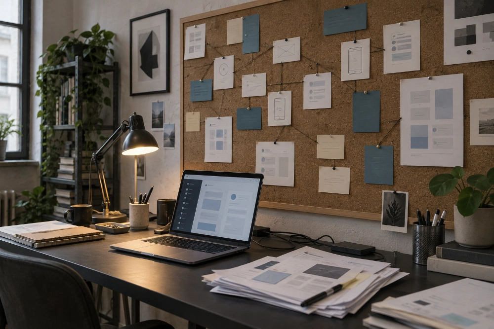 Espace de conception d’un logiciel avec parcours affiché sur un tableau de liège