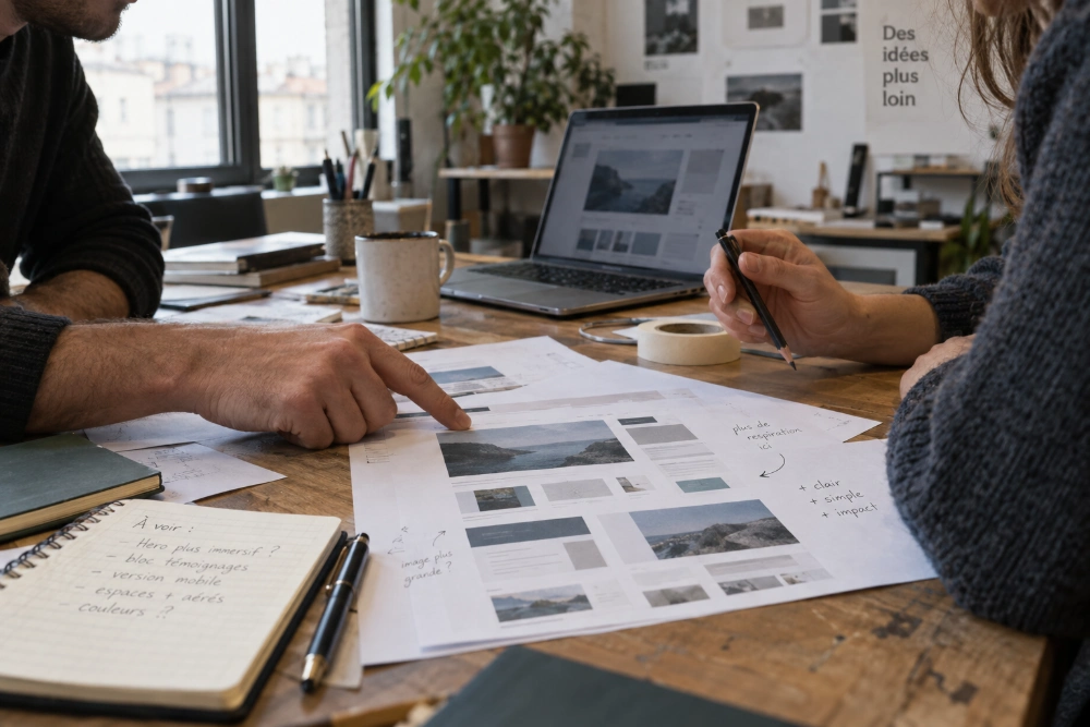 Deux designers échangeant autour de maquettes de site imprimées