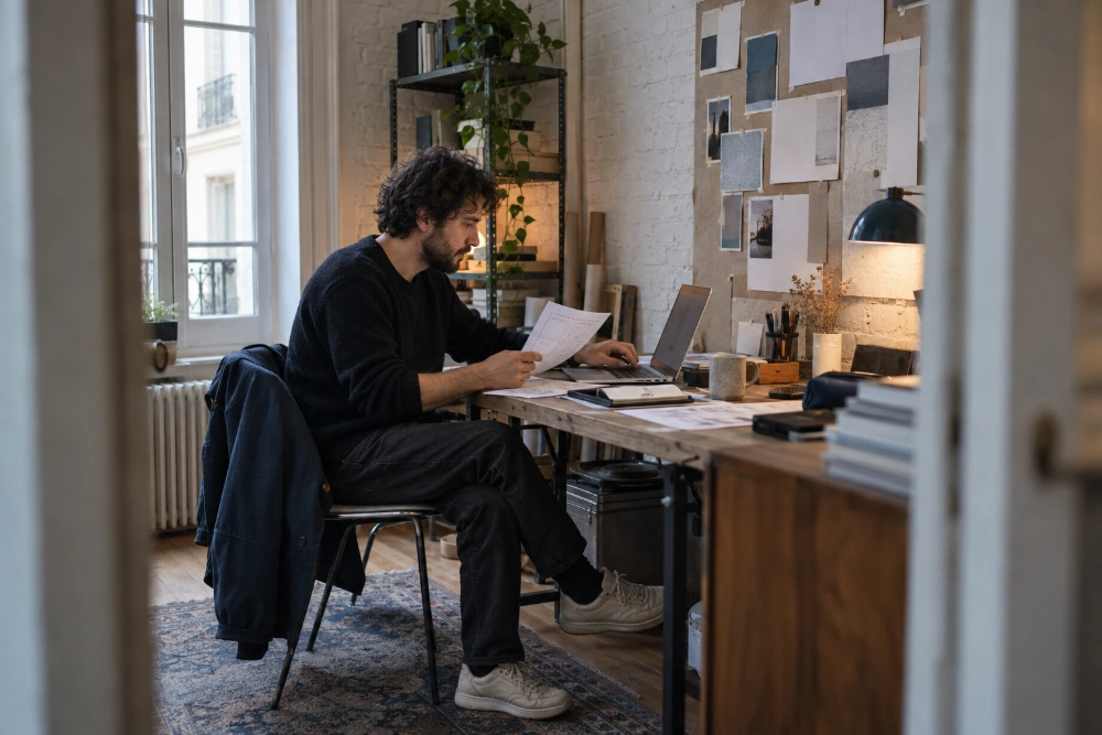 Designer au travail dans un petit studio parisien