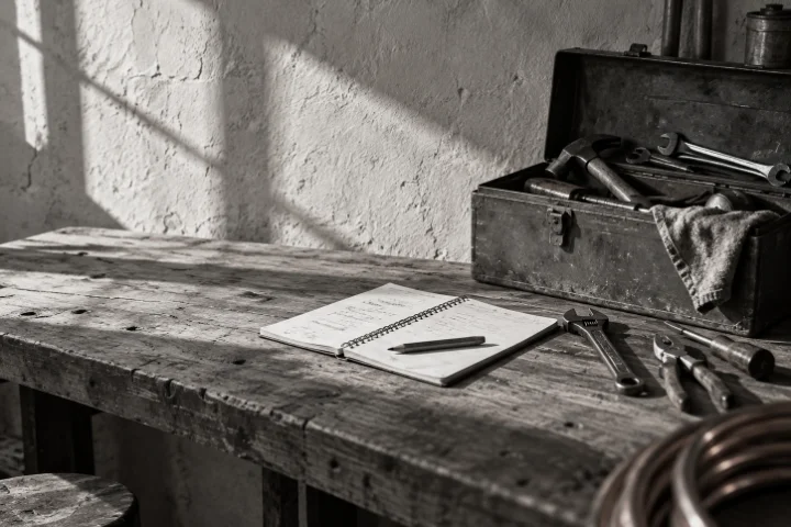 A wooden workbench, an open toolbox and a pad of job sheets lying flat