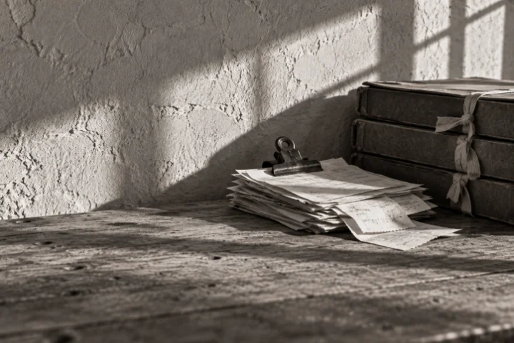 A stack of accounting paperwork and card folders on a bare wooden desk, in full sunlight