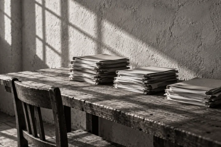 Stacks of application files on a meeting table, one chair pushed aside