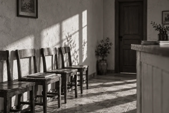 An empty waiting room at the end of the day, chairs in a row against a pale wall and a wooden counter